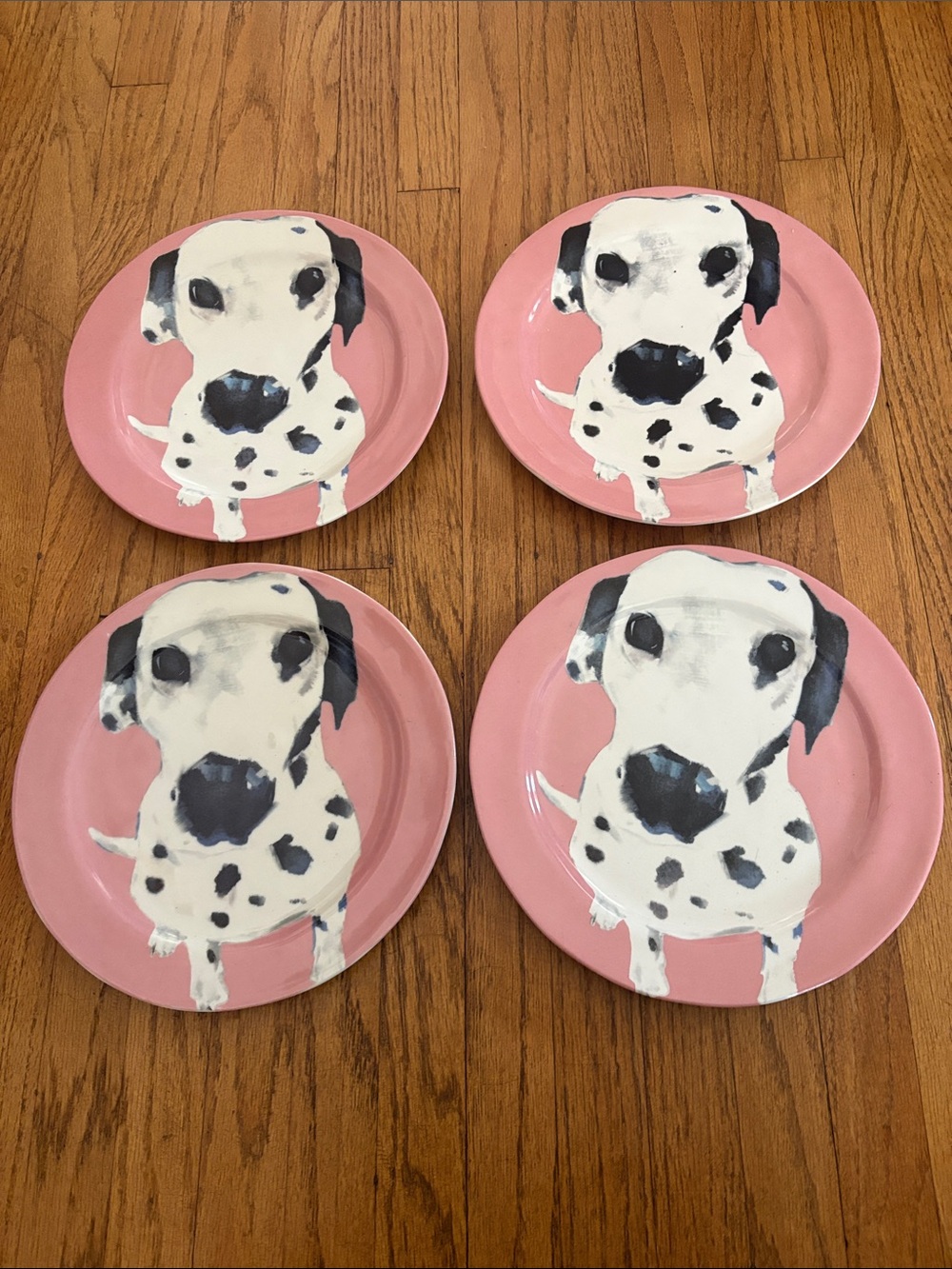 Sally Muir- Anthropologie Pink Dalmatian Ceramic Pet Plates - Set of 4